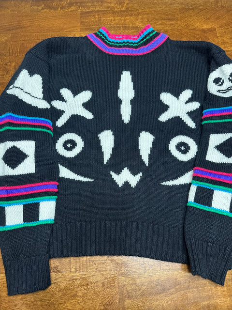 Vintage 90s Gitano Black Neon Abstract 'Face' Sweater (S/M)