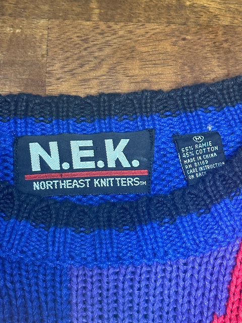 Vintage 90s Blue Knit Rainbow Circles Sweater (M)