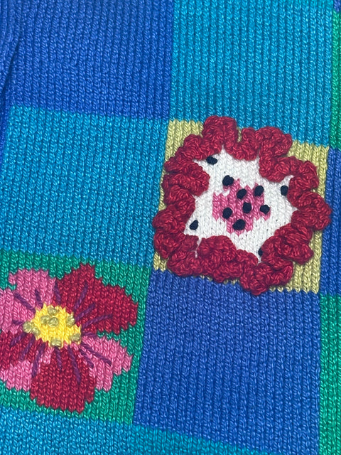 Vintage Checkered Floral Ladybug Knit Sweater (2; S/M)