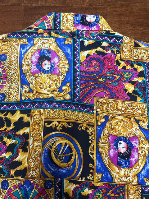 Vintage 80s Multicolor Baroque Royal Portrait Print Blouse (S)