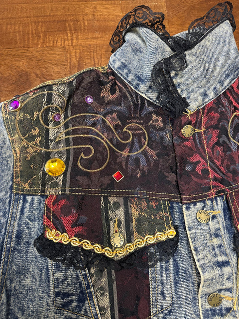 🏆Rare Vintage 80s Acid Wash Denim Brocade Gemstone Cropped Jacket (S/M)