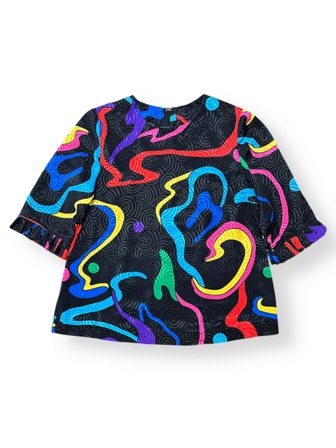 Vintage 80s Black Rainbow Swirly Abstract Blouse (~S)