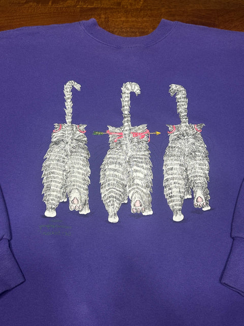 Vintage 90s Purple Cat Sweatshirt w/ Reverse Double-Sided Graphic (L+)