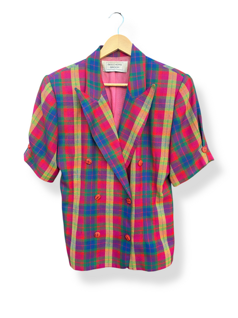 Vintage 80s Bright Rainbow Plaid Short Sleeve Blazer (8)