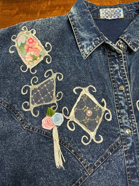 Vintage 80s/90s Acid Wash Denim Embellished Shirt (~XL)