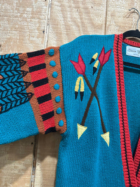 Vintage Aztec Applique Chunky Knit Cardigan Sweater (M)