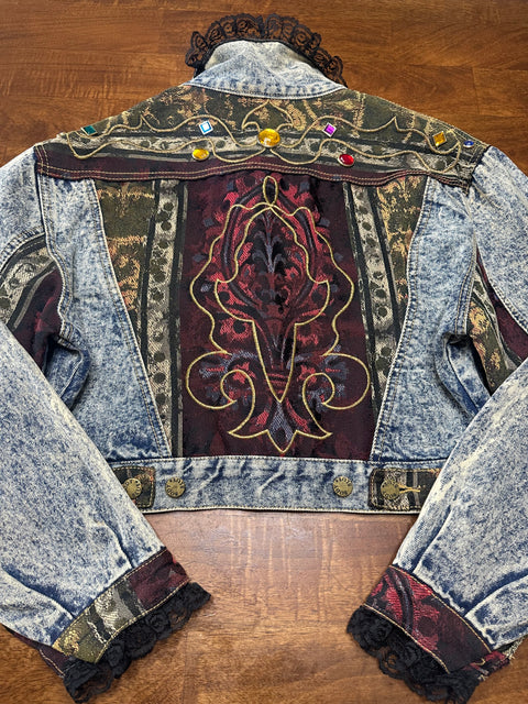 🏆Rare Vintage 80s Acid Wash Denim Brocade Gemstone Cropped Jacket (S/M)