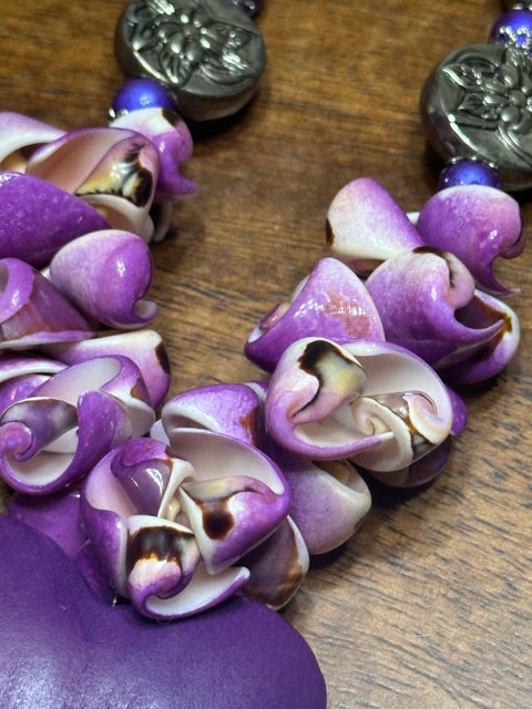 Purple Heart, Seashells & Silver Floral Beads Statement Necklace