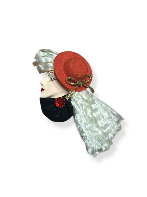Vintage 80s Lady Face Brooch w/ Red Hat & White Curly Hair