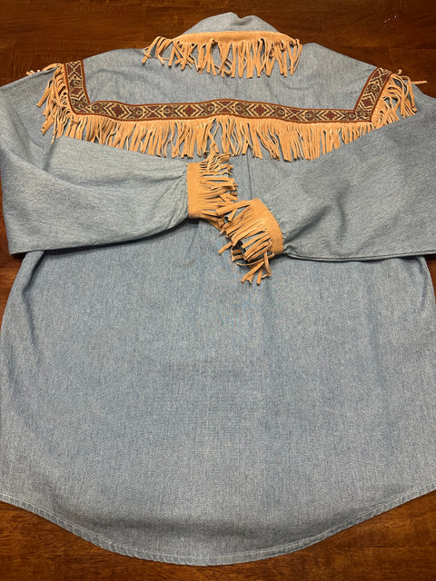 Vintage 80s Western Fringe Denim Rodeo Button-Up (~M)