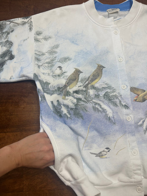 Vintage 90s Bird Print Winter Scene Sweatshirt (S/M)