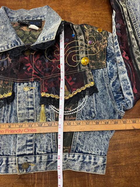 🏆Rare Vintage 80s Acid Wash Denim Brocade Gemstone Cropped Jacket (S/M)