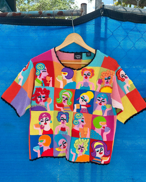 ☕Vtg 90s 'Tea Party' Lady Faces Colorblock Knit Statement Sweater (S/M)