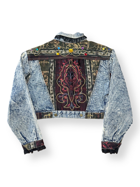 🏆Rare Vintage 80s Acid Wash Denim Brocade Gemstone Cropped Jacket (S/M)