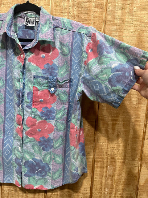 Vintage 80s Faded Blue Floral Patterned Button-Up Shirt (M)