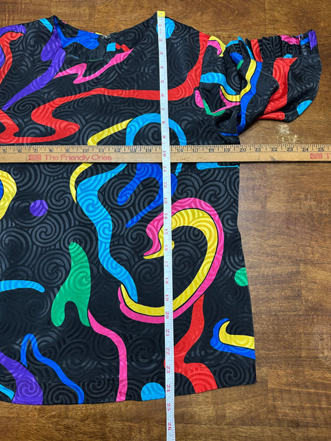 Vintage 80s Black Rainbow Swirly Abstract Blouse (~S)