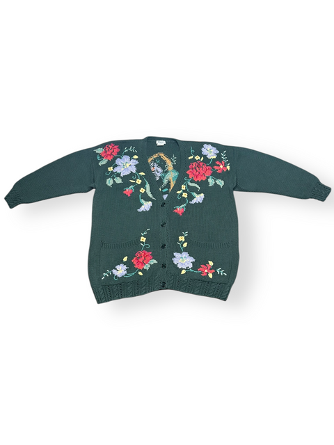 Vintage 80s Green Floral Basket Knit Cardigan Sweater (~2X)