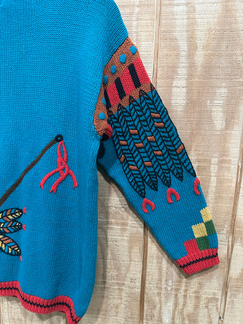 Vintage Aztec Applique Chunky Knit Cardigan Sweater (M)