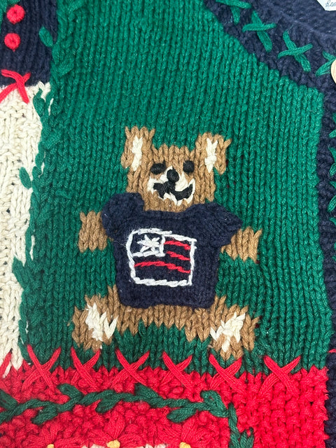 Vintage 90s Eagle's Eye Teddy Bear Americana Knit Cardigan (M)