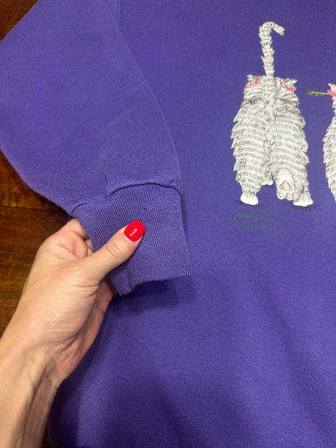 Vintage 90s Purple Cat Sweatshirt w/ Reverse Double-Sided Graphic (L+)