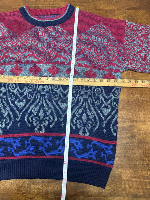 Vintage 80s/90s Red Navy Abstract Baroque Style Sweater (M+)