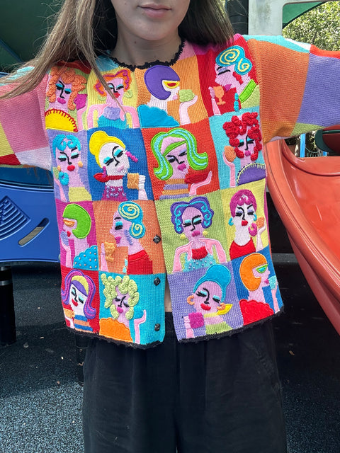 ☕Vtg 90s 'Tea Party' Lady Faces Colorblock Knit Statement Sweater (S/M)