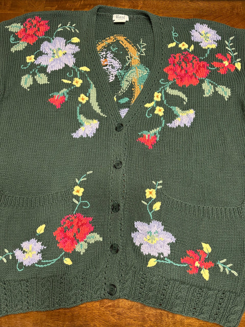 Vintage 80s Green Floral Basket Knit Cardigan Sweater (~2X)