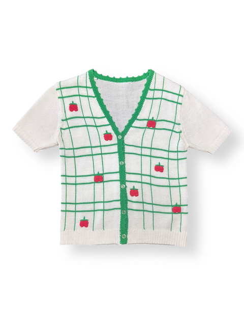 Vintage White Green Apple Grid Knit Cardigan (~S)