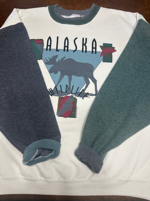Vintage 90s Alaska Wildlife Fleece Colorblock Sweatshirt (~XL)