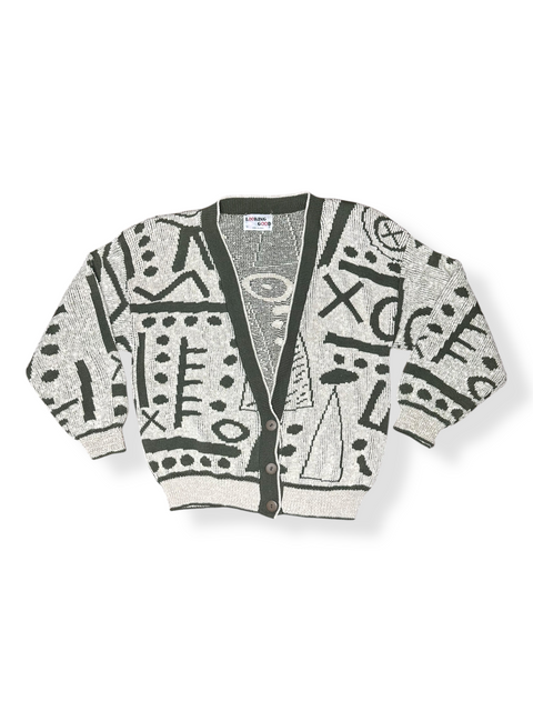 Vintage 80s Olive Green Abstract Patterned Cardigan Sweater (~M)