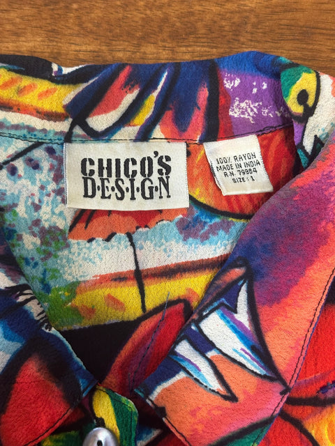 Vtg Chico's Design Rayon Rainbow Fish Beaded Blouse ('1'; S/M)