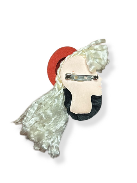 Vintage 80s Lady Face Brooch w/ Red Hat & White Curly Hair
