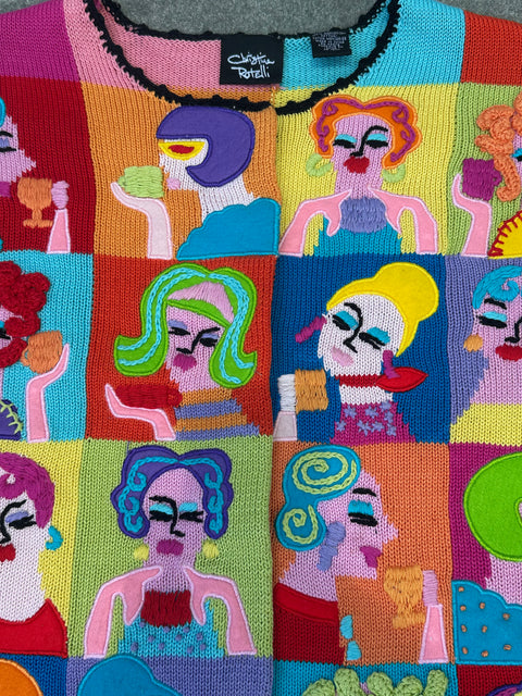☕Vtg 90s 'Tea Party' Lady Faces Colorblock Knit Statement Sweater (S/M)