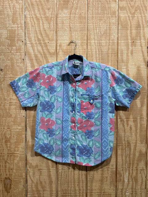 Vintage 80s Faded Blue Floral Patterned Button-Up Shirt (M)
