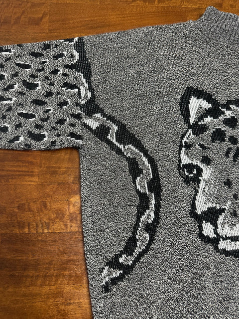 Vintage 90s Forelli Gray Leopard Graphic Knit Sweater (L/XL)