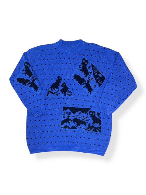 Vintage 80s/90s Royal Blue Animal Wilderness Scenes Sweater (M)