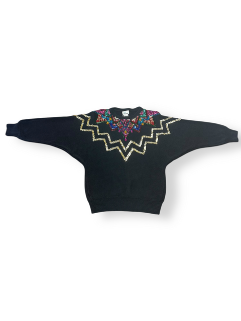 Vintage 80s Black Multicolored Sequin Beaded Knit Sweater (M)