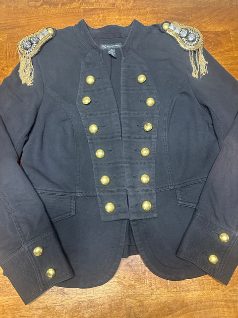 Vintage Black Military-Style Jacket with Gold Button Fringe Details (S/M)