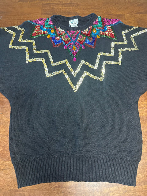 Vintage 80s Black Multicolored Sequin Beaded Knit Sweater (M)