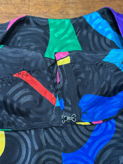 Vintage 80s Black Rainbow Swirly Abstract Blouse (~S)