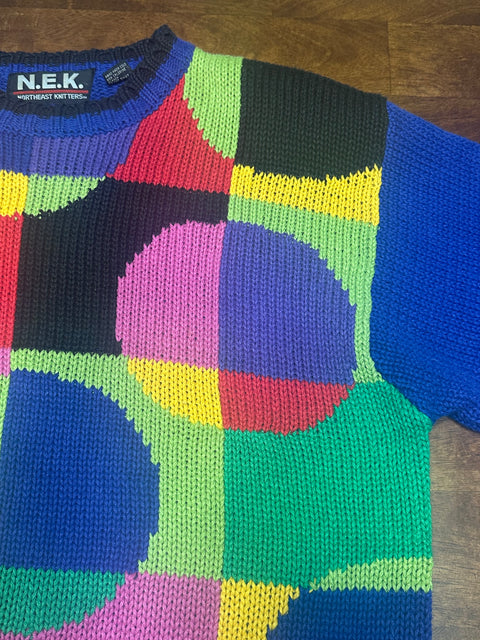 Vintage 90s Blue Knit Rainbow Circles Sweater (M)