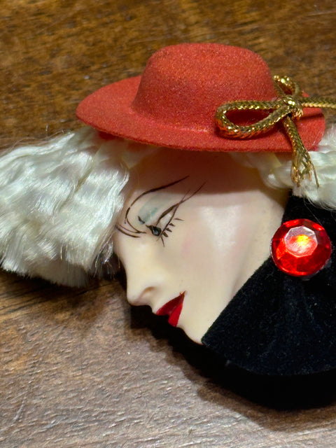 Vintage 80s Lady Face Brooch w/ Red Hat & White Curly Hair