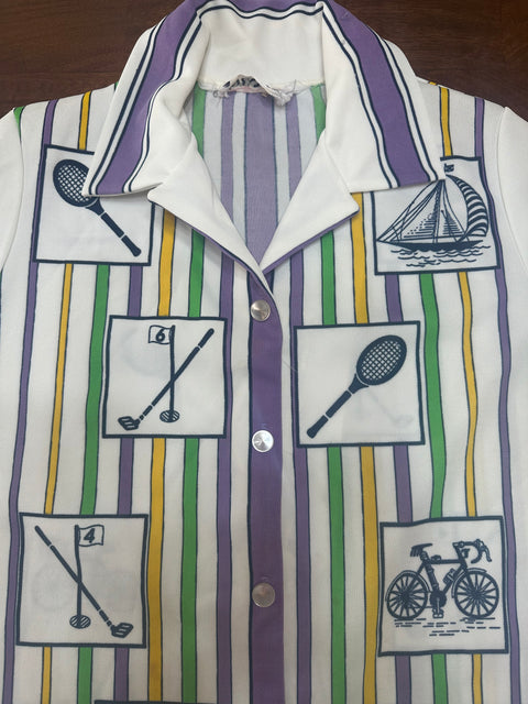 Vintage 70s Retro Sports Striped Novelty Button-Up (~M)