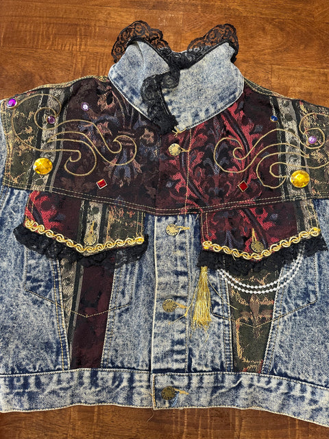 🏆Rare Vintage 80s Acid Wash Denim Brocade Gemstone Cropped Jacket (S/M)
