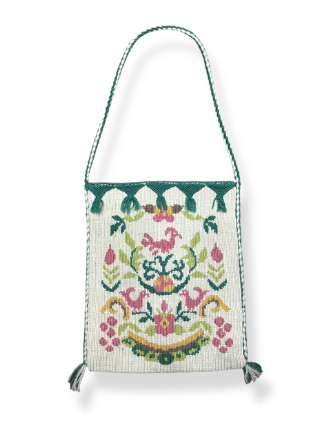Vintage 60s/70s Green Woven Folk Art Tassel Trim Tote Bag
