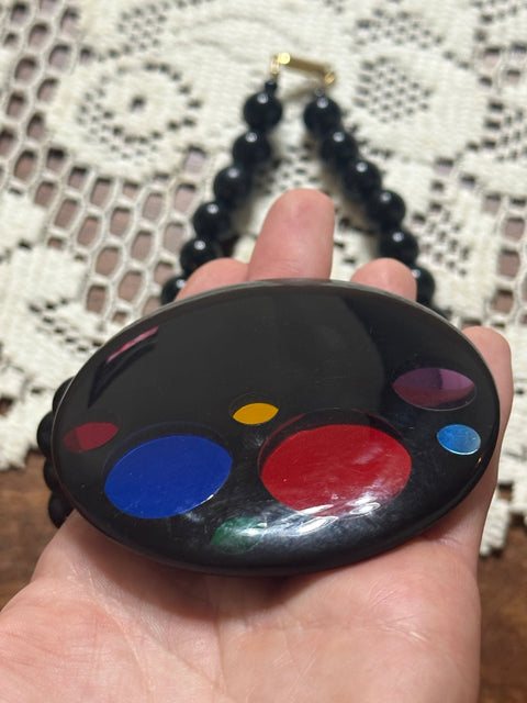 Vintage 80s Black Modernist Colorful Dot Pendant Statement Necklace