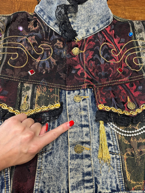 🏆Rare Vintage 80s Acid Wash Denim Brocade Gemstone Cropped Jacket (S/M)