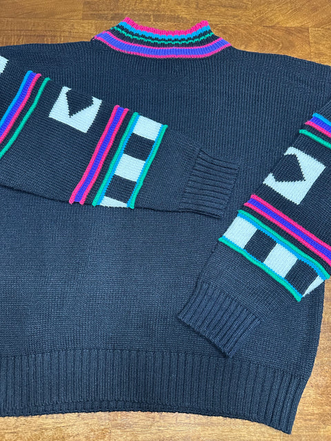 Vintage 90s Gitano Black Neon Abstract 'Face' Sweater (S/M)