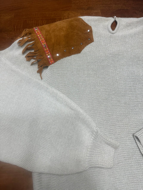 Vintage 80s Deadstock 'Le Top' Fringe Suede Embellished Hardware Sweater (M)