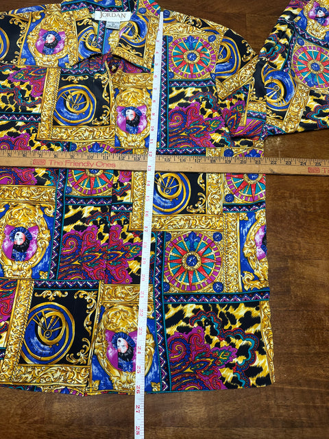 Vintage 80s Multicolor Baroque Royal Portrait Print Blouse (S)